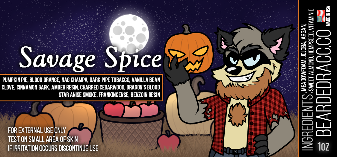 Savage Spice - Pumpkin Pie, Blood Orange, Nag Champa, Dark Pipe Tobacco, Vanilla Bean, Clove, Cinnamon Bark, Amber Resin, Charred Cedarwood, Dragon's Blood, Star Anise Smoke, Frankincense, Benzoin Resin