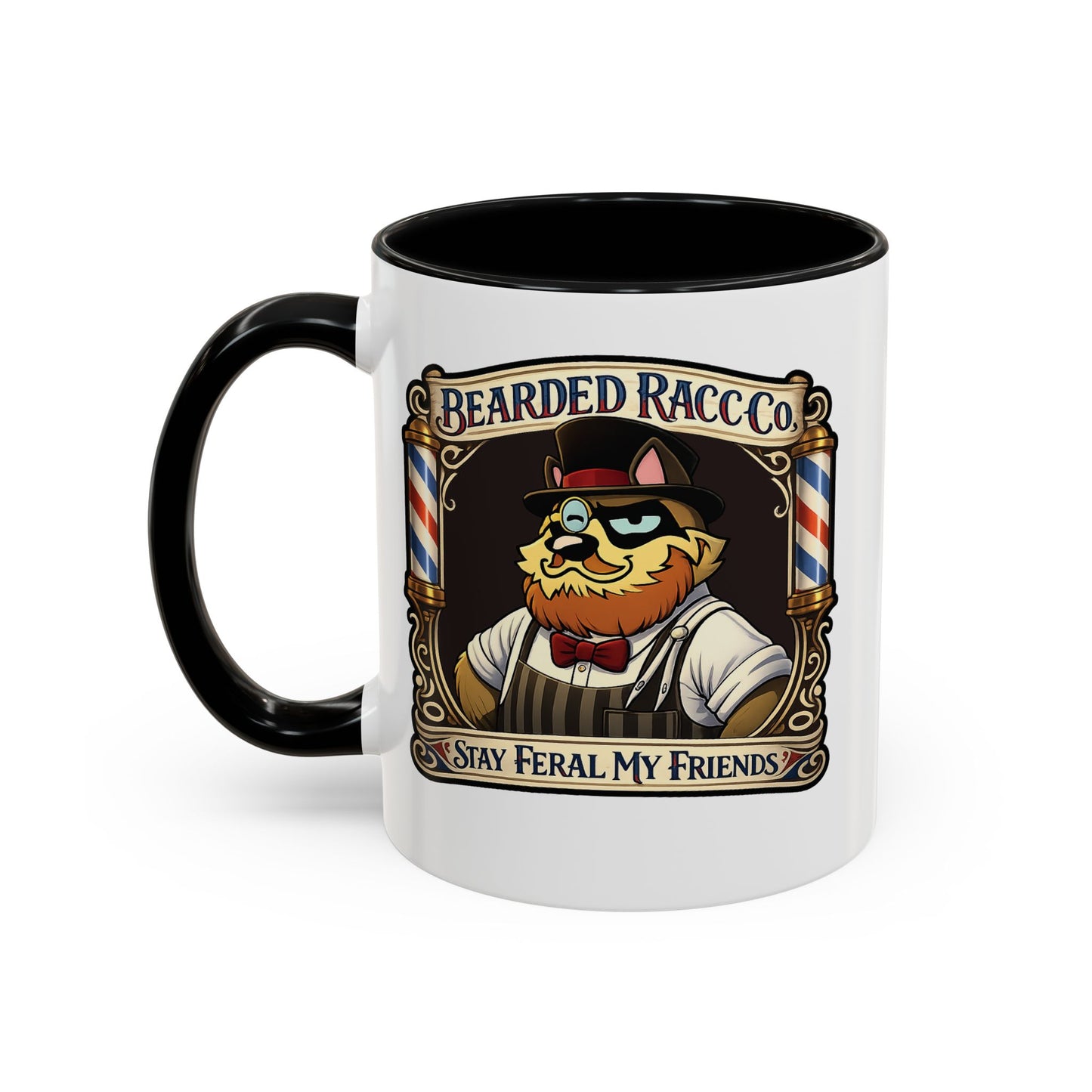 Barbershop Racc Coffee Mug — Stay Feral My Friends (Bearded Racc Co) Accent Mug (11/15oz)