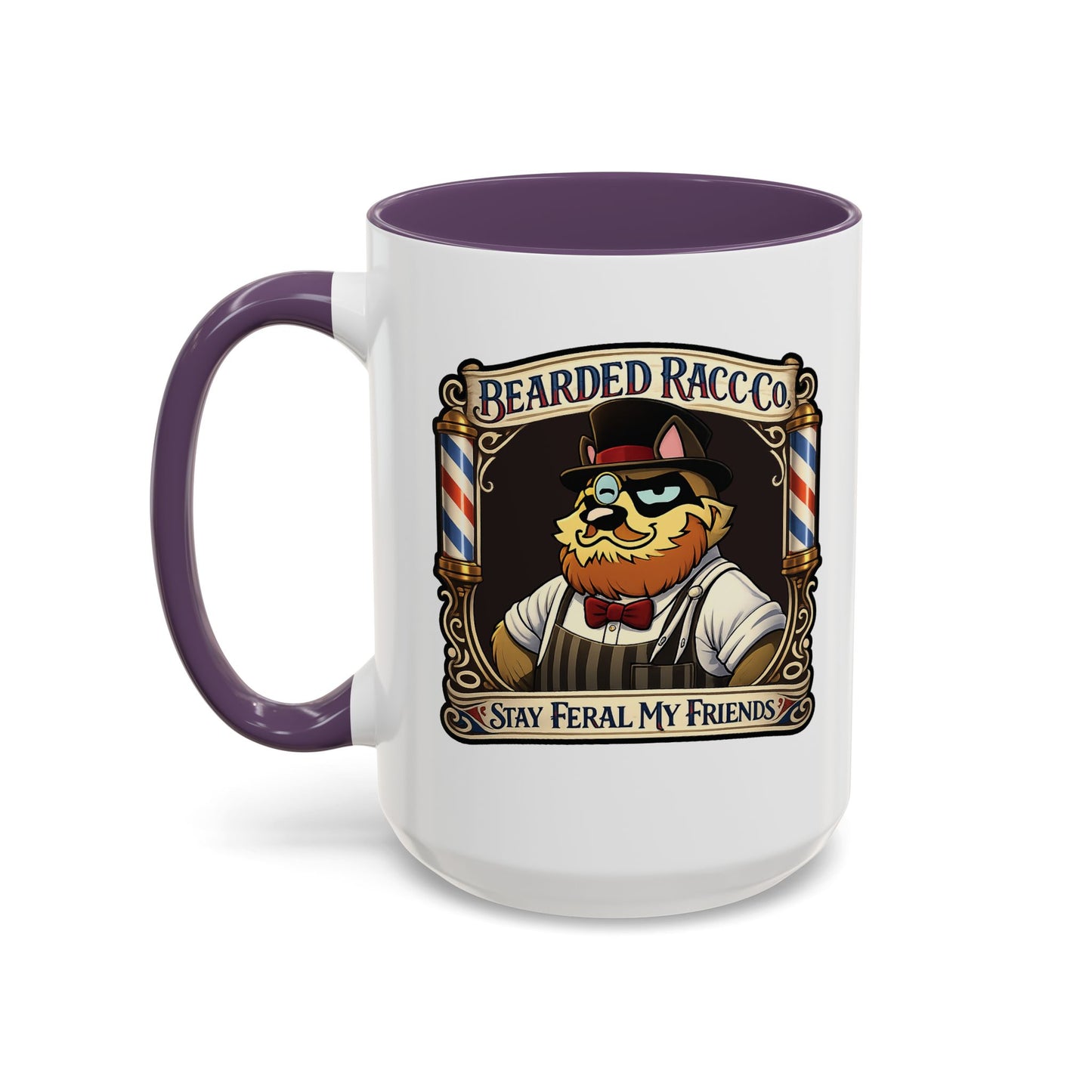 Barbershop Racc Coffee Mug — Stay Feral My Friends (Bearded Racc Co) Accent Mug (11/15oz)