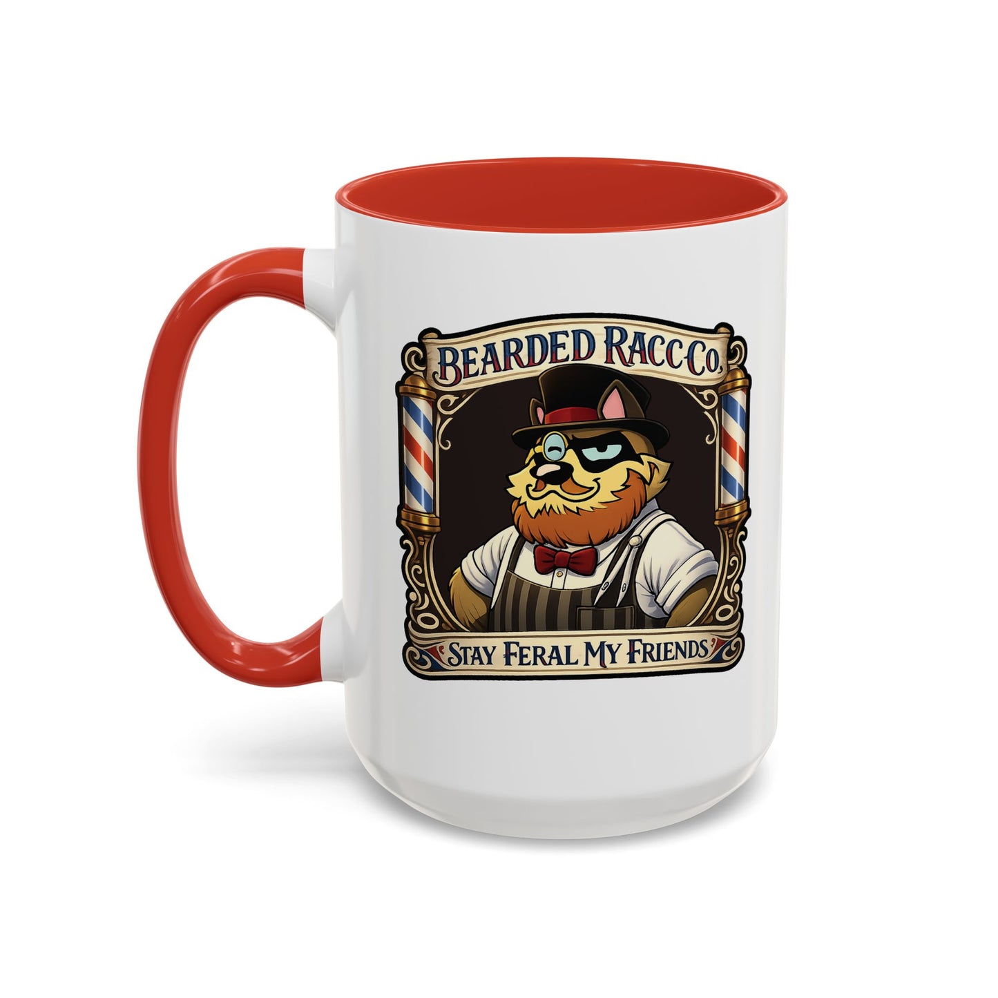 Barbershop Racc Coffee Mug — Stay Feral My Friends (Bearded Racc Co) Accent Mug (11/15oz)