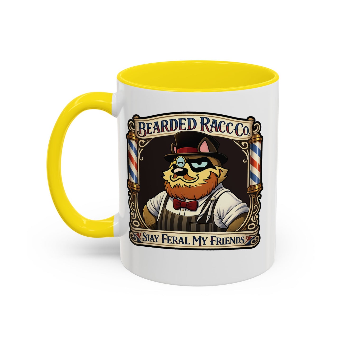 Barbershop Racc Coffee Mug — Stay Feral My Friends (Bearded Racc Co) Accent Mug (11/15oz)