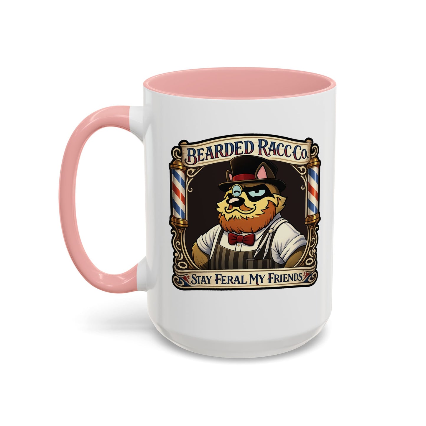Barbershop Racc Coffee Mug — Stay Feral My Friends (Bearded Racc Co) Accent Mug (11/15oz)
