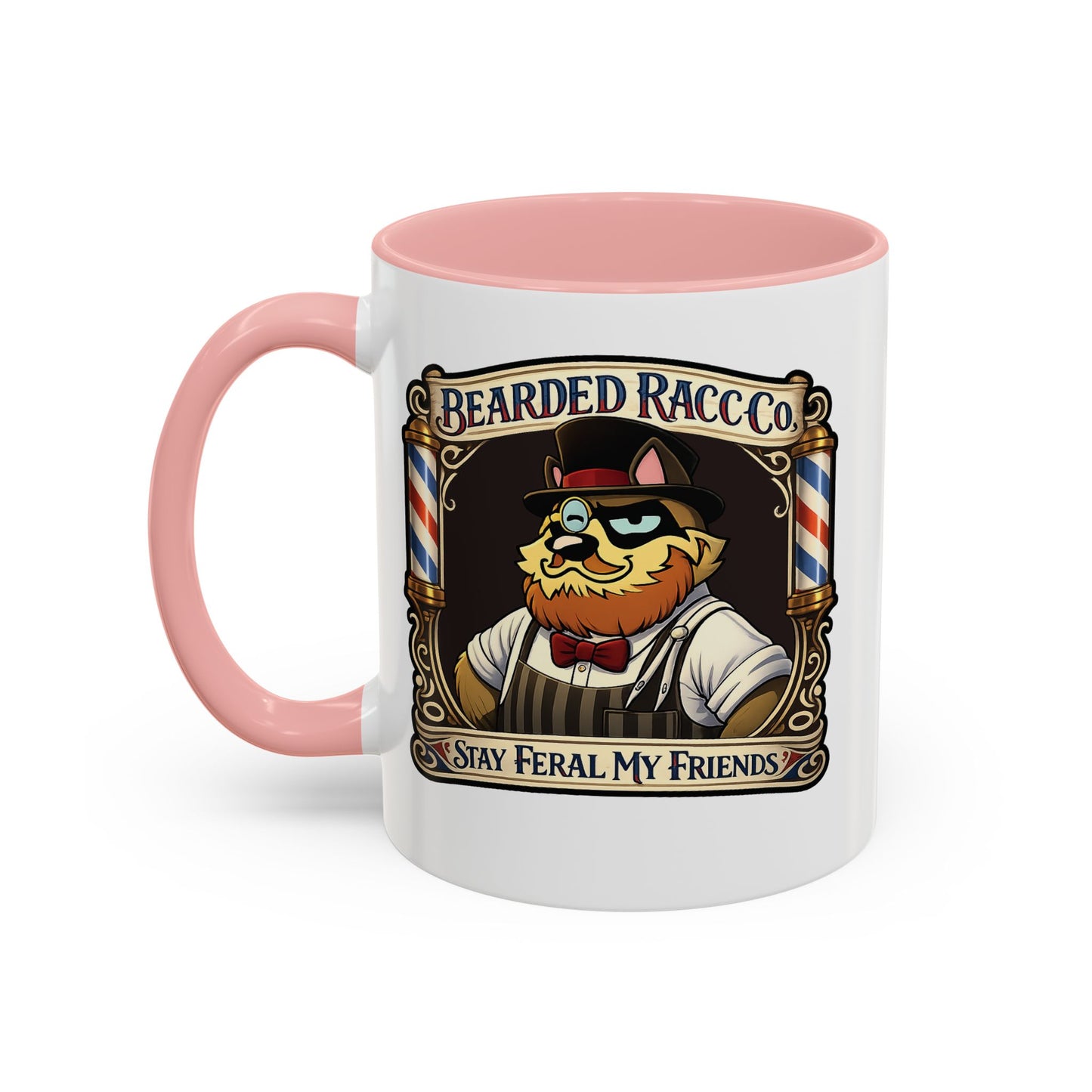 Barbershop Racc Coffee Mug — Stay Feral My Friends (Bearded Racc Co) Accent Mug (11/15oz)