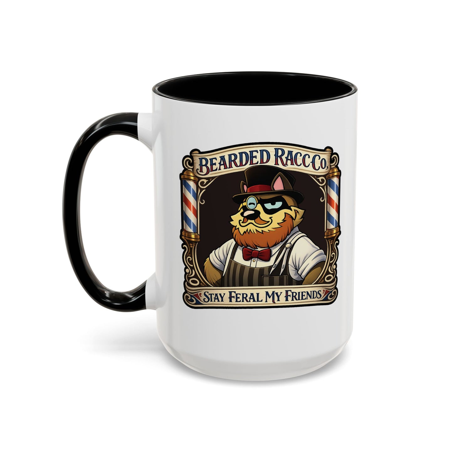 Barbershop Racc Coffee Mug — Stay Feral My Friends (Bearded Racc Co) Accent Mug (11/15oz)