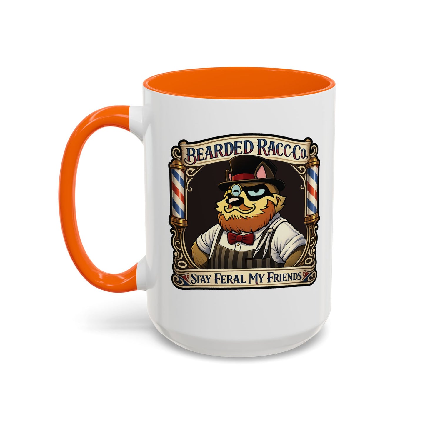 Barbershop Racc Coffee Mug — Stay Feral My Friends (Bearded Racc Co) Accent Mug (11/15oz)