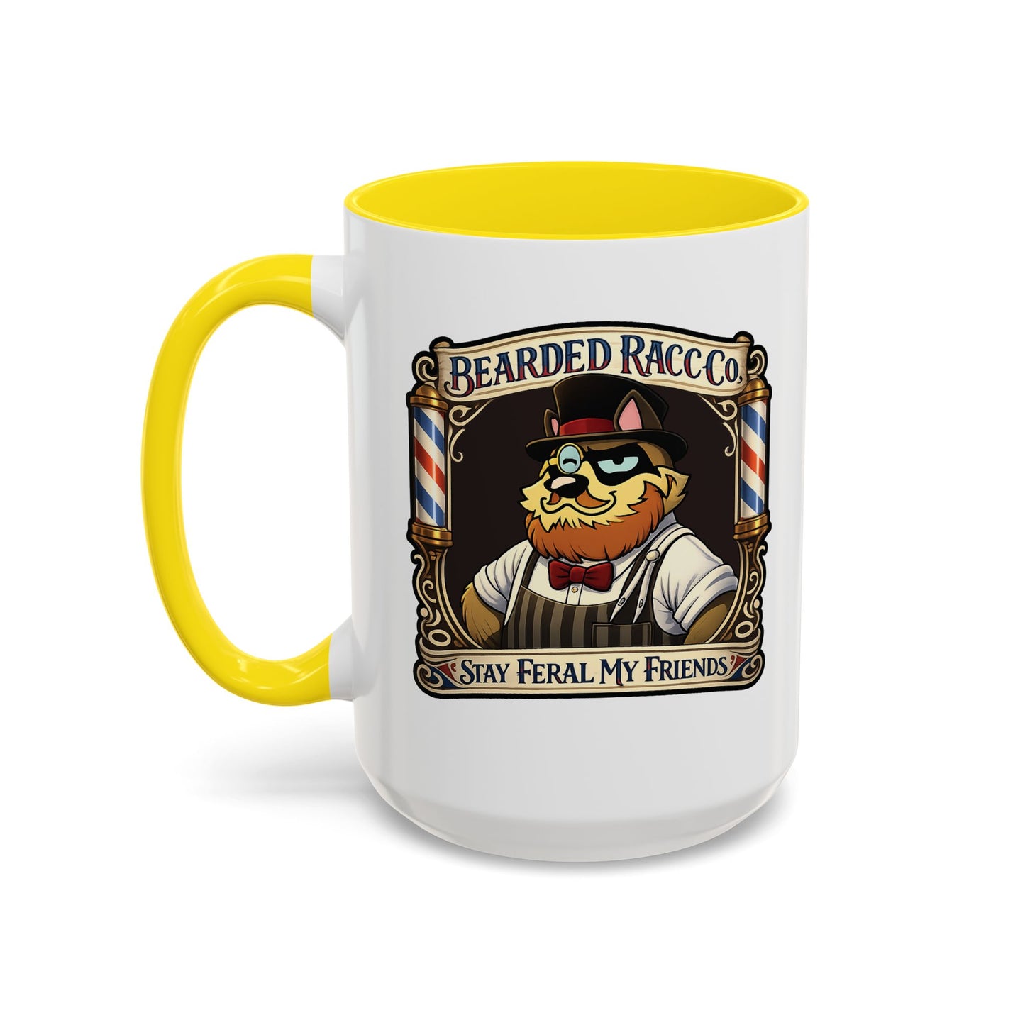 Barbershop Racc Coffee Mug — Stay Feral My Friends (Bearded Racc Co) Accent Mug (11/15oz)