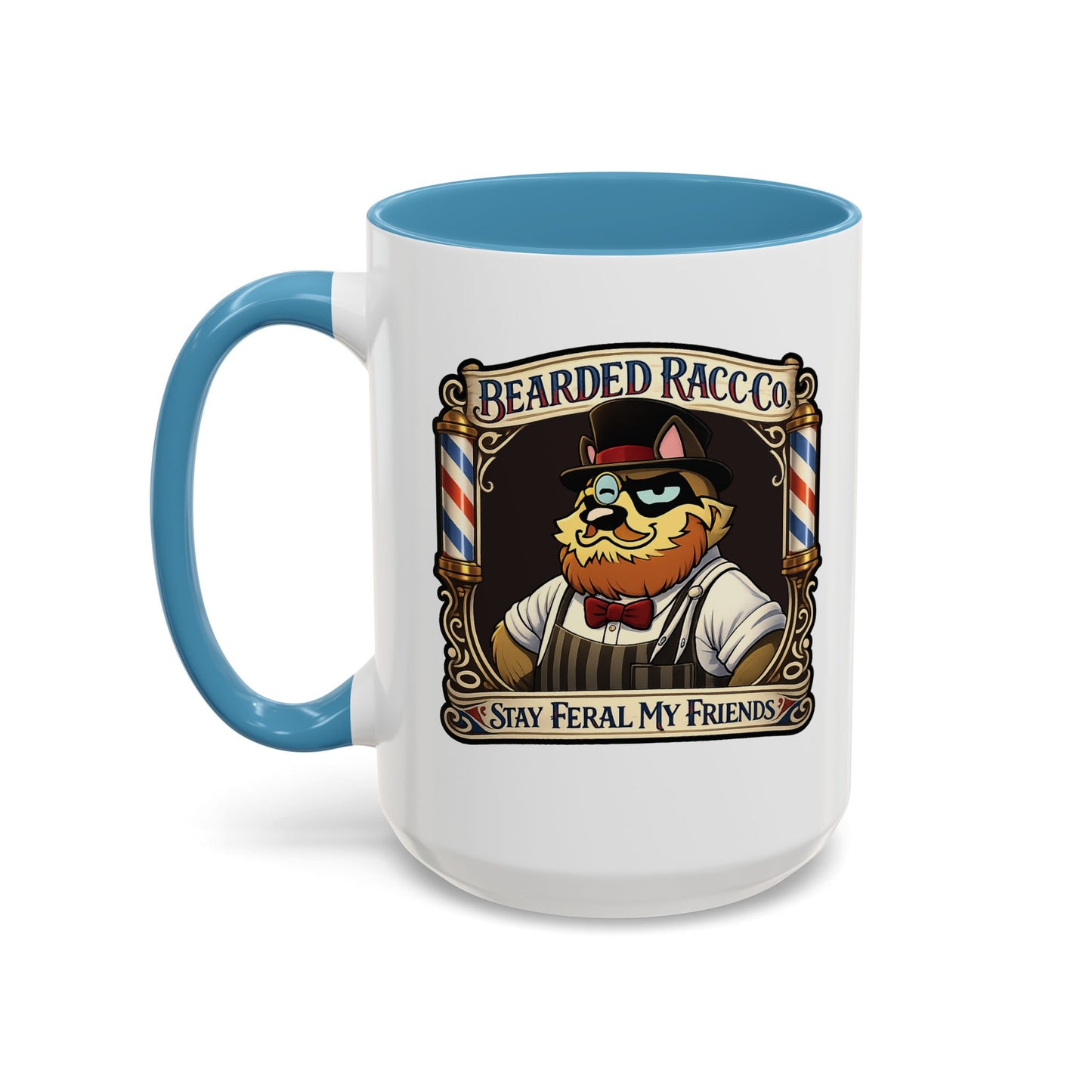Barbershop Racc Coffee Mug — Stay Feral My Friends (Bearded Racc Co) Accent Mug (11/15oz)