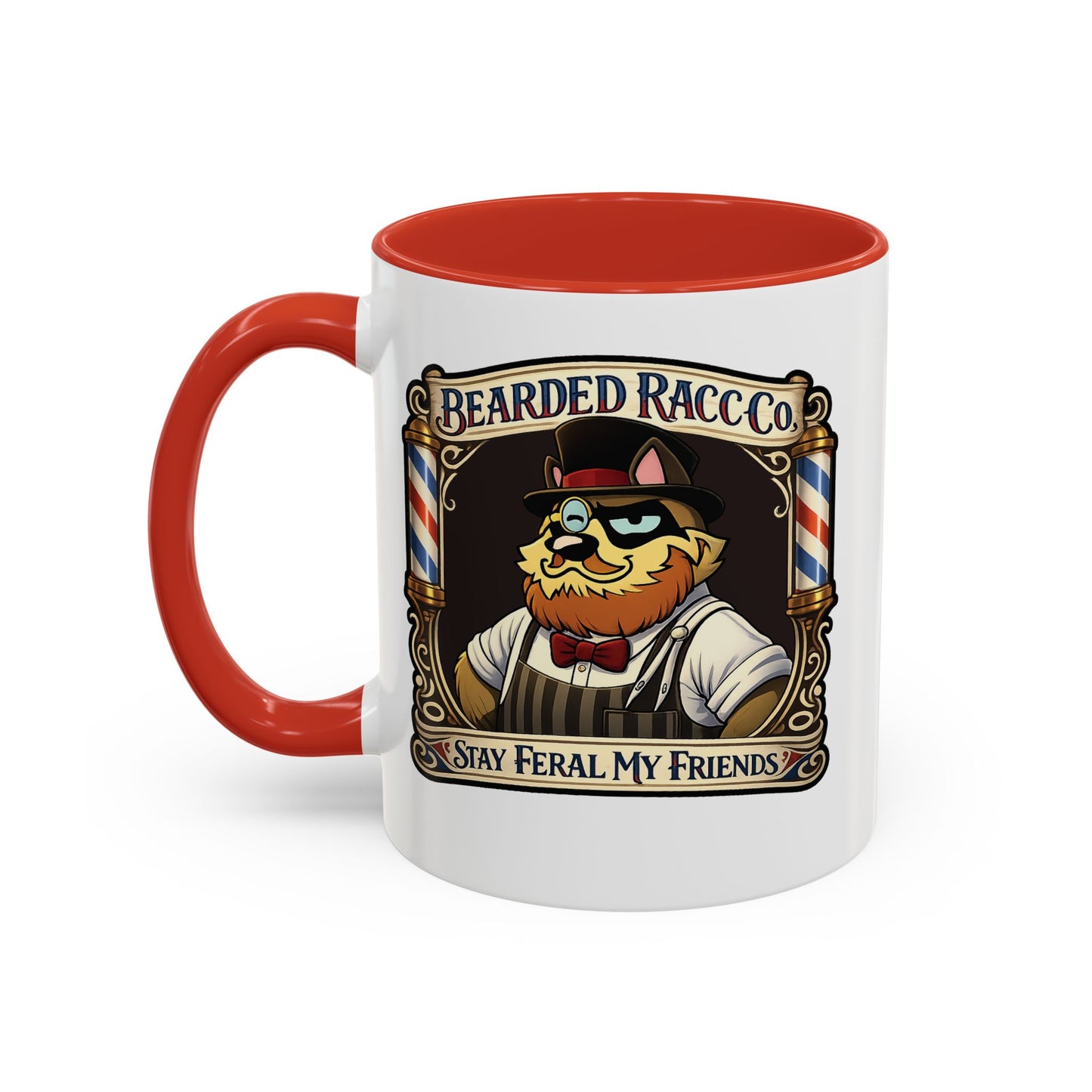Barbershop Racc Coffee Mug — Stay Feral My Friends (Bearded Racc Co) Accent Mug (11/15oz)