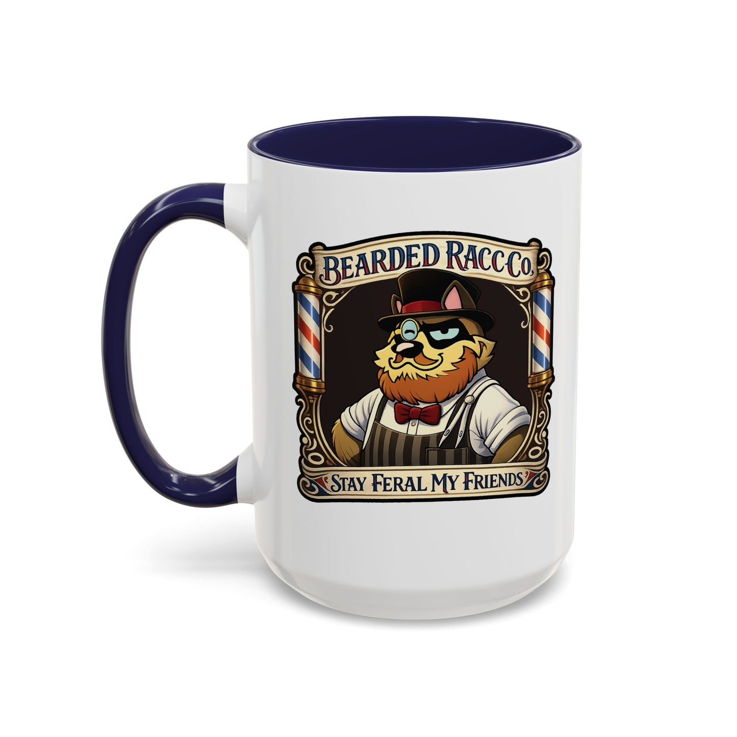 Barbershop Racc Coffee Mug — Stay Feral My Friends (Bearded Racc Co) Accent Mug (11/15oz)