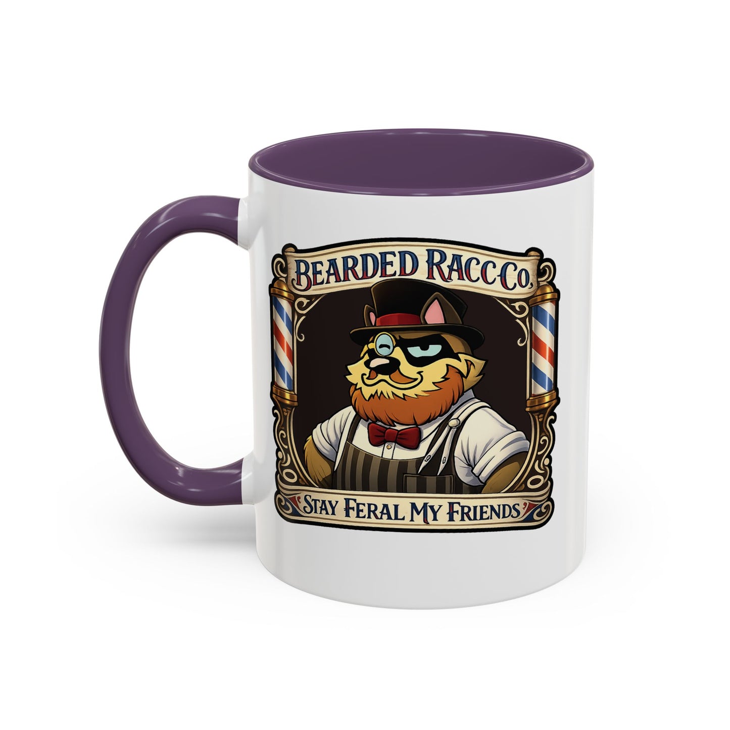 Barbershop Racc Coffee Mug — Stay Feral My Friends (Bearded Racc Co) Accent Mug (11/15oz)