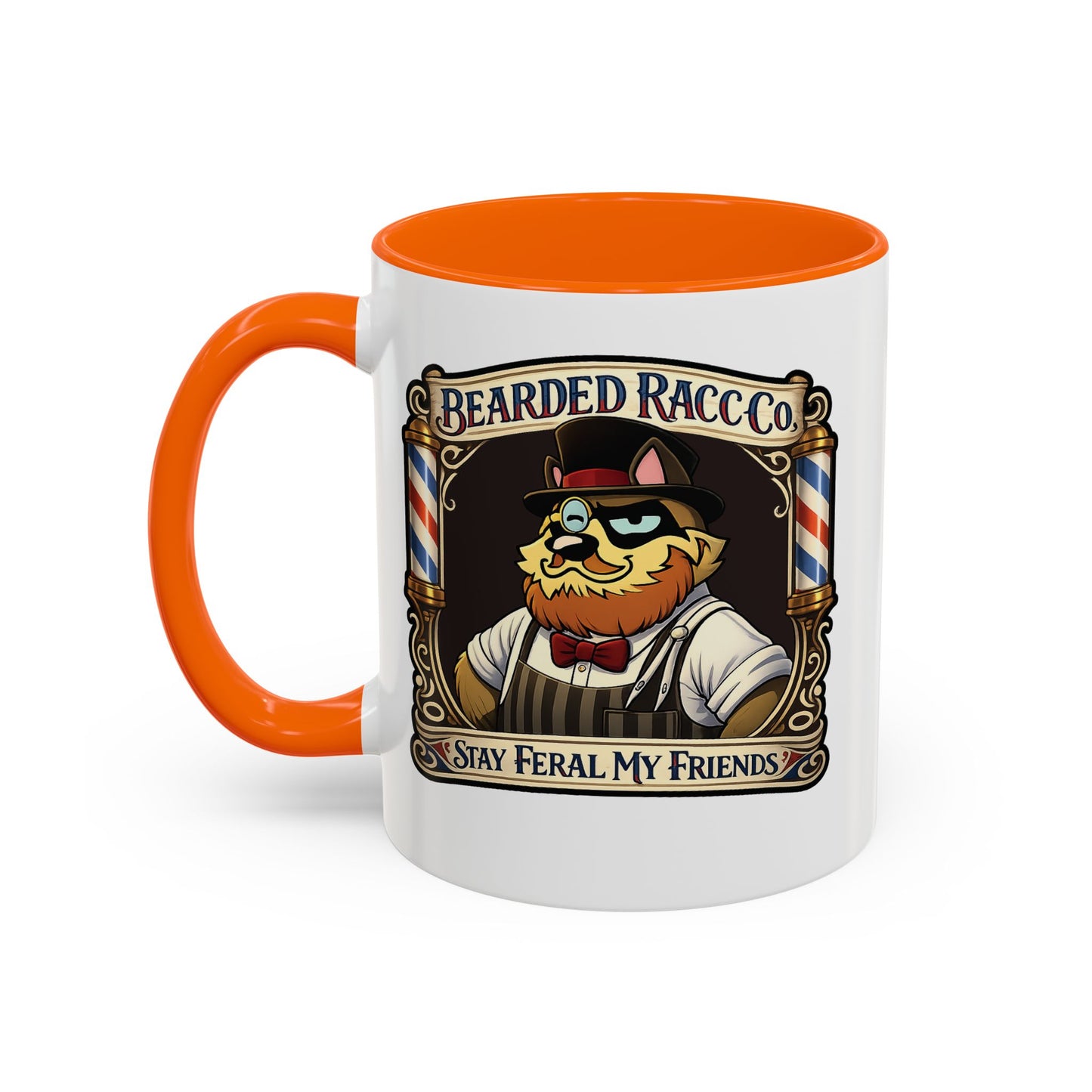 Barbershop Racc Coffee Mug — Stay Feral My Friends (Bearded Racc Co) Accent Mug (11/15oz)