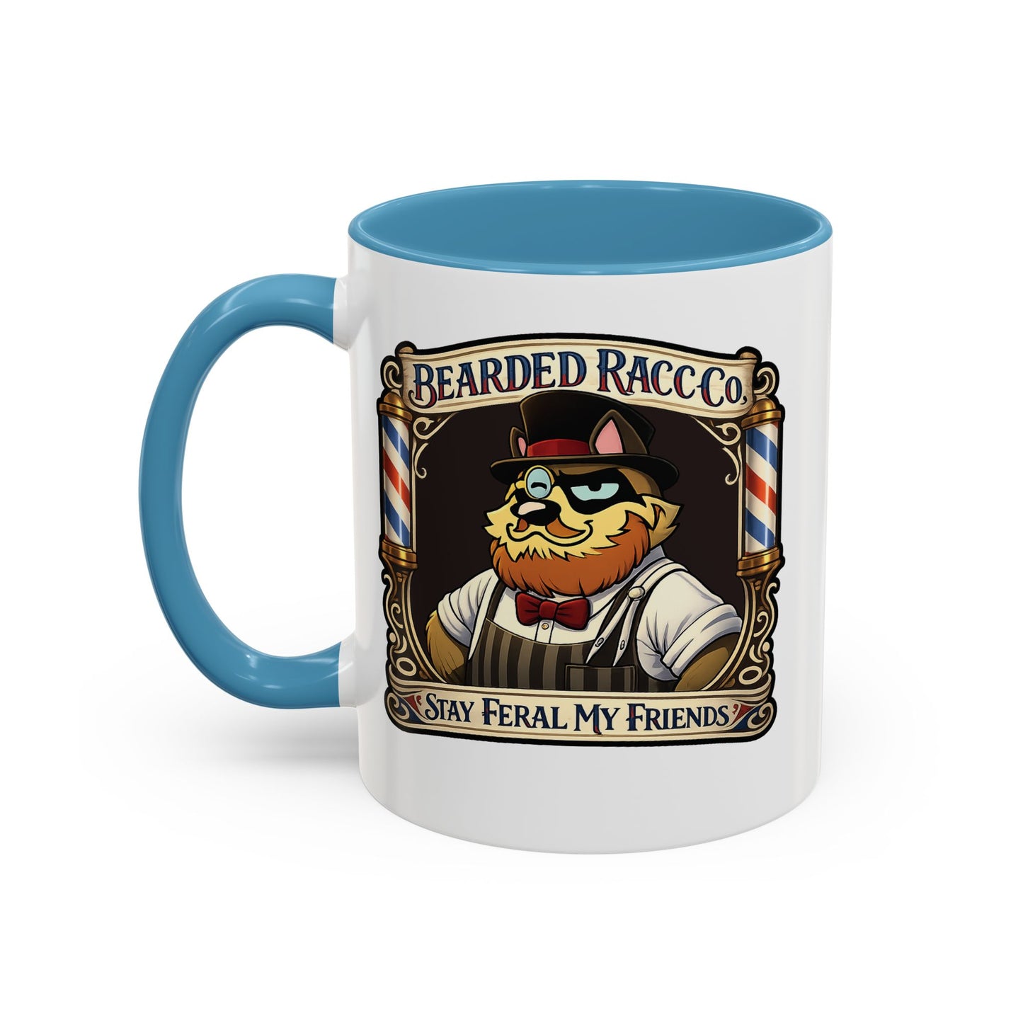 Barbershop Racc Coffee Mug — Stay Feral My Friends (Bearded Racc Co) Accent Mug (11/15oz)