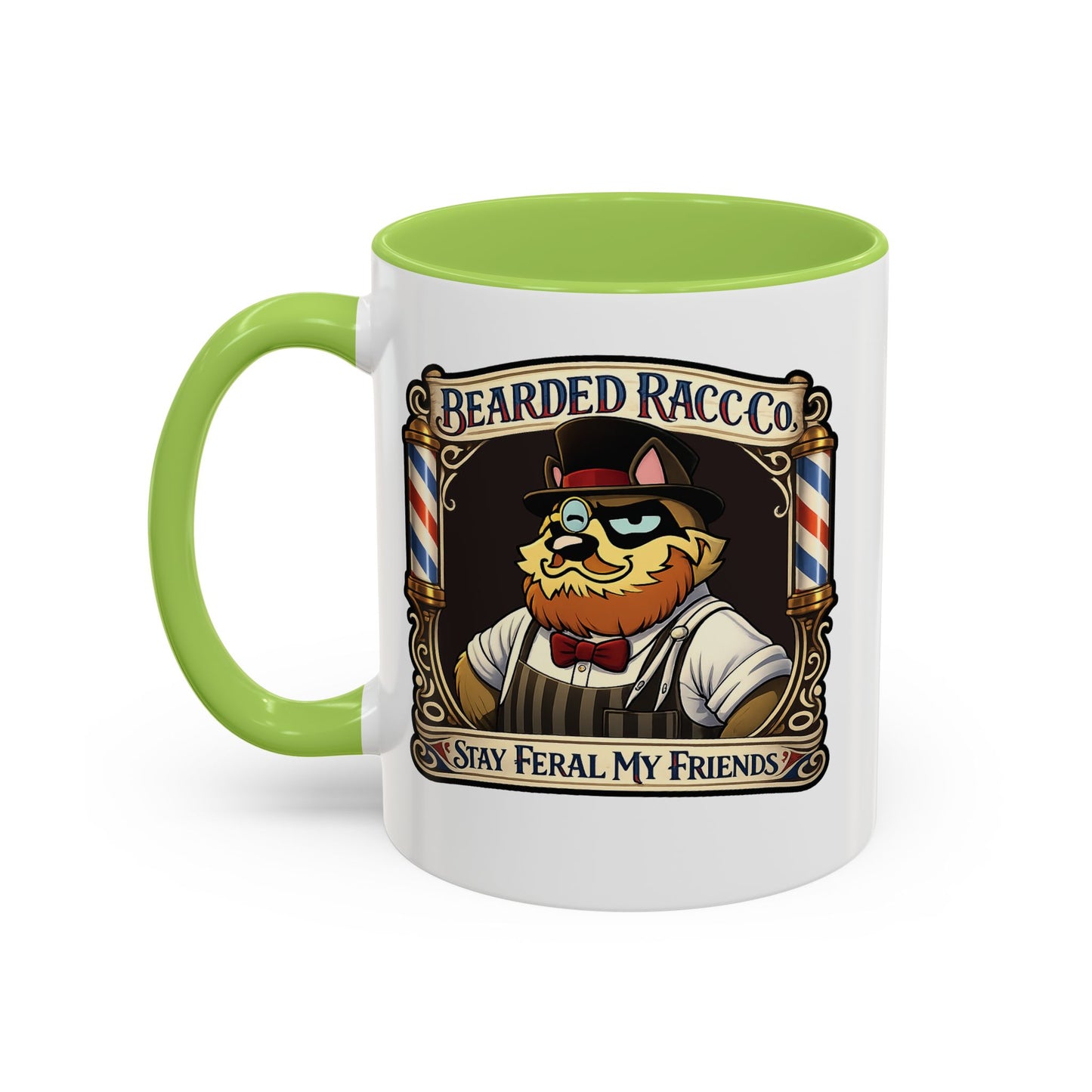 Barbershop Racc Coffee Mug — Stay Feral My Friends (Bearded Racc Co) Accent Mug (11/15oz)
