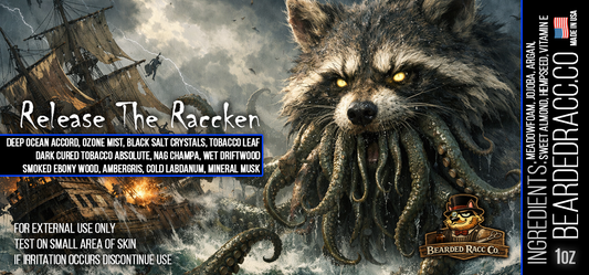 Release The Raccken - Deep Ocean Accord, Ozone Mist, Black Salt Crystals, Tobacco Leaf, Dark Cured Tobacco Absolute, Nag Champa, Wet Driftwood, Smoked Ebony Wood, Ambergris, Cold Labdanum, Mineral Musk