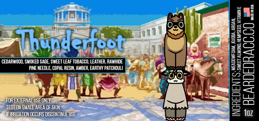 Thunderfoot - Cedarwood, Smoked Sage, Sweet Leaf Tobacco, Leather, Rawhide, Pine Needle, Copal Resin, Amber, Earthy Patchouli