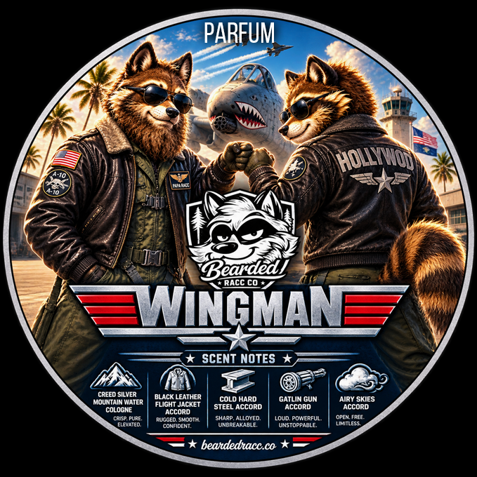 Wingman - Creed Silver Mountain Water Cologne, Black Leather Flight Jacket, Cold Hard Steel, Gatling Gun, Airy Skies