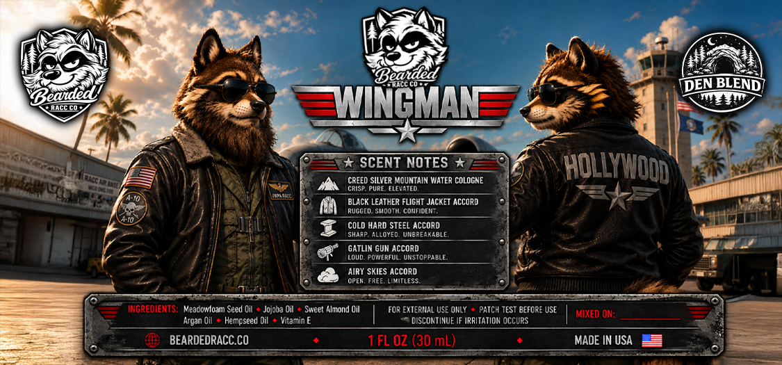 Wingman - Creed Silver Mountain Water Cologne, Black Leather Flight Jacket, Cold Hard Steel, Gatling Gun, Airy Skies