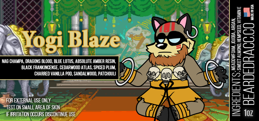 Yogi Blaze - Nag Champa, Dragons Blood, Blue Lotus, Absolute Amber Resin, Black Frankincense, Cedarwood Atlas, Spiced Plum, Charred Vanilla Pod, Sandalwood, Patchouli